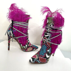 Azalea Wang Hawk 8.5 Feather Snakeskin Rhinestone Strap Stiletto Heel Booties